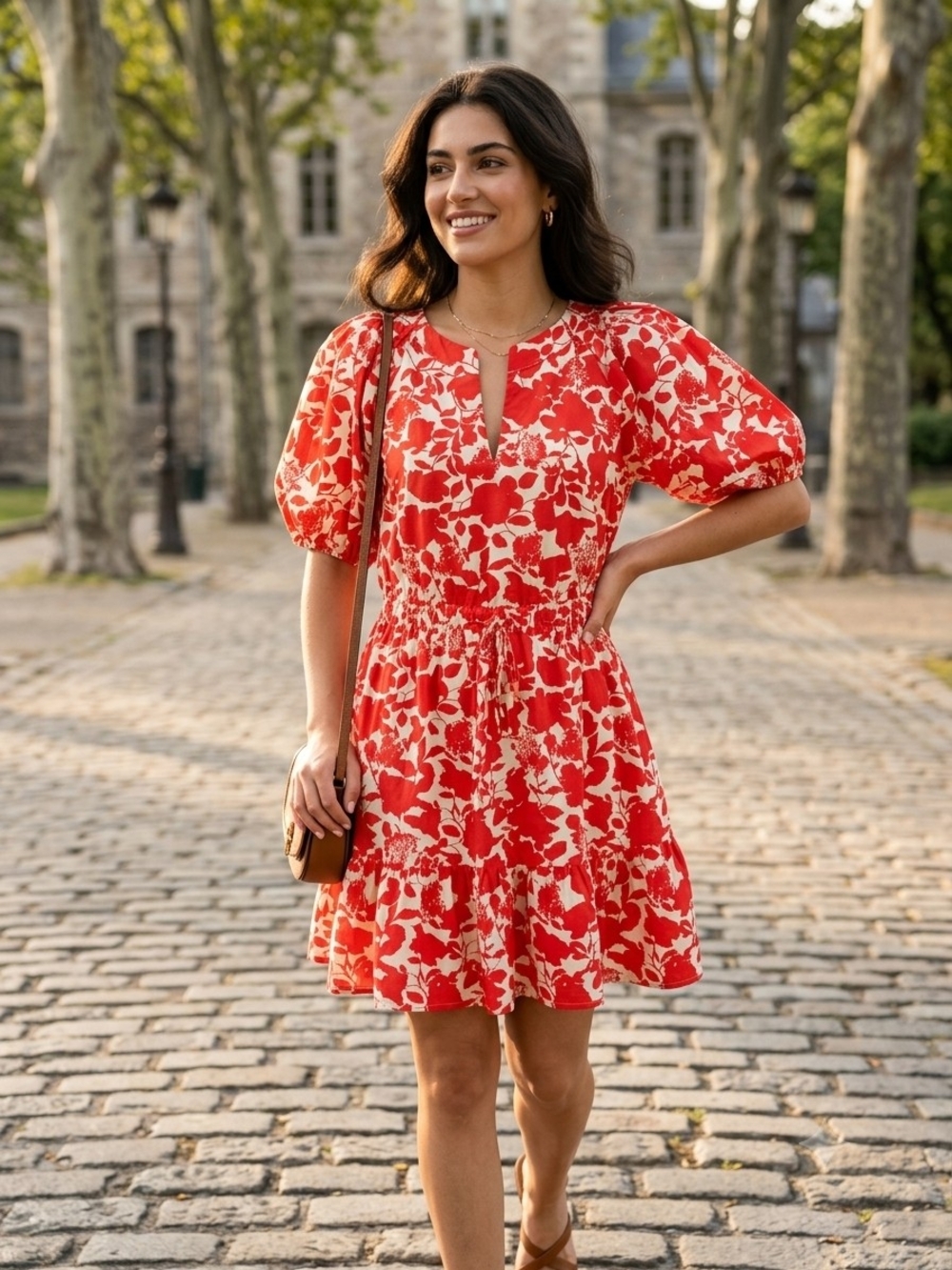 Anne Klein Red and Cream Floral Puff-Sleeve Mini Dress
